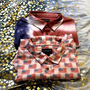 Chase 54 mens performance polo with America flags red white and blue bundle L